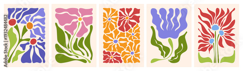 Abstract doodle floral pattern with Matisse style flowers and leaves. Retro vector design for trendy posters with cut out plants, botanical prints with groovy vintage style.