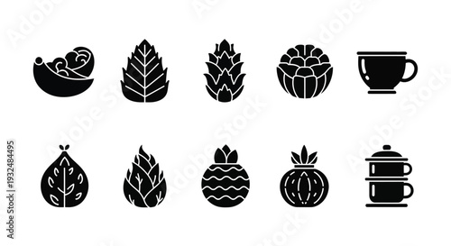 Black floral and food icons in a repeating pattern silhouette