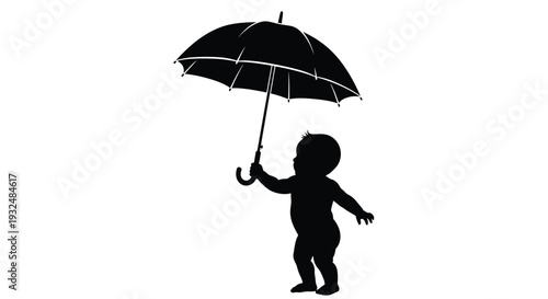 Child holding an open umbrella against a white background silhouette