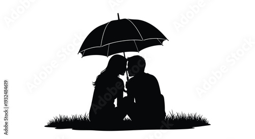 Couple sharing intimate moment under an umbrella black and white silhouette