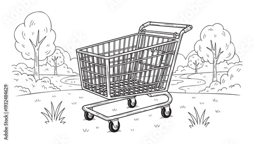 Outline graphic of a standard empty supermarket shopping cart situated in a serene natural outdoor park with lush trees, scattered bushes, and gentle pathways, ideal for conveying themes of