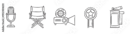 Vector outline symbols for cinema production and broadcast media featuring a classic microphone, directors chair, film projector, star award, and clapperboard for professional media designs.