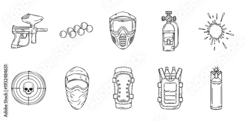 This collection of paintball equipment illustrations is perfect for sport game advertisements, extreme activity promotion, or graphic assets for websites and printed materials related to