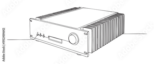 Modern audio amplifier depicted in a minimalist continuous line drawing style, ideal for electronics enthusiasts, music technology blogs, or contemporary product showcases.
