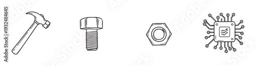 Line art icons featuring a hammer, bolt, nut, and microchip, showcasing fundamental elements of construction, mechanical engineering, and cuttingedge digital technology for various