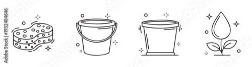 Collection of cleaning and nature related line icons including a sponge, two buckets, and a water drop on a plant, perfect for web, application, and infographic graphics