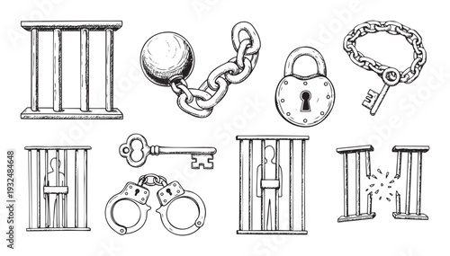 Various handdrawn symbols illustrating concepts of confinement and liberty, featuring jail cells, handcuffs, a key, a broken cage, and a prisoner, perfect for legal or social awareness