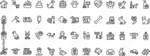 Set of line icons related to pet, care, veterinary, vet, healthcare. Outline icon collection. Linear animals symbols. Editable stroke. Vector