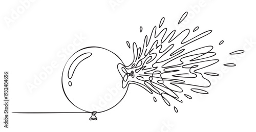 Monochrome line art depicting a balloon experiencing a sudden release of its contents, creating a vigorous splash effect, perfect for illustrating themes of outburst, freedom, or playful