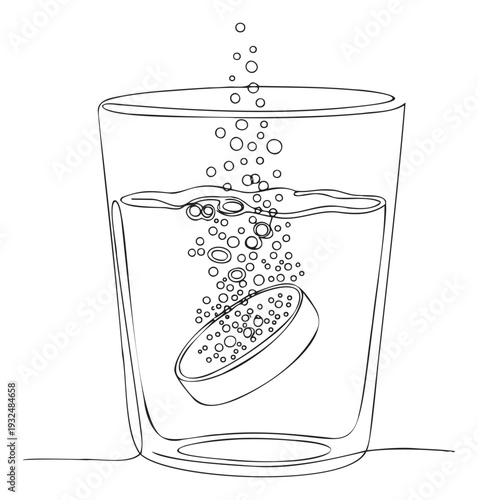 A simple black outline drawing depicting an effervescent tablet dissolving in a transparent glass of water, creating numerous rising bubbles, perfect for health, wellness, or