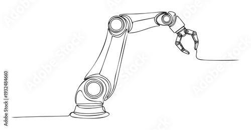 Industrial robotic arm in a continuous line drawing style symbolizing automation and technological advancement for engineering presentations or manufacturing industry reports