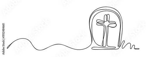 Minimalist one line drawing of a tombstone with a Christian cross representing spirituality, loss, and remembrance, perfect for memorial tributes and religious event promotions.
