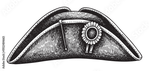 Classic bicorne cocked hat in traditional black and white woodcut style, perfect for historical reenactment graphics, educational resources, or vintage themed costume designs.