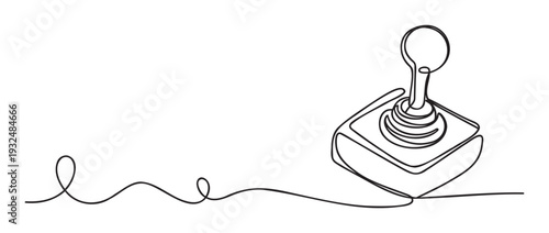 Modern single line drawing of a classic video game joystick symbolizing entertainment and technological playfulness, suitable for gaming industry graphics and digital media presentations.
