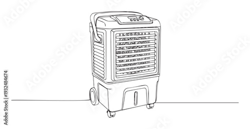 Monochrome line drawing of a modern portable evaporative air cooler on wheels with a top control panel, useful for home appliance advertisements and seasonal climate regulation