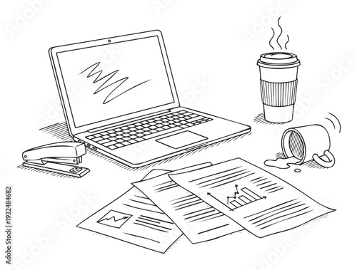 Sketch of a cluttered work desk featuring a laptop, stapler, hot coffee cup, a spilled mug, and business papers with graphs, ideal for illustrating office challenges or daily tasks.