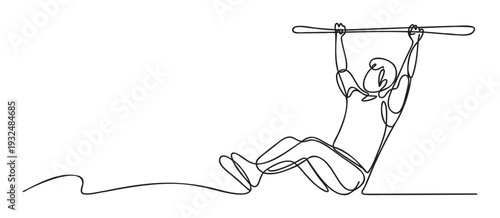 A dynamic continuous line drawing of a man performing a pullup on a horizontal bar, ideal for sport, strength training, and healthy lifestyle marketing materials and gym advertisements.