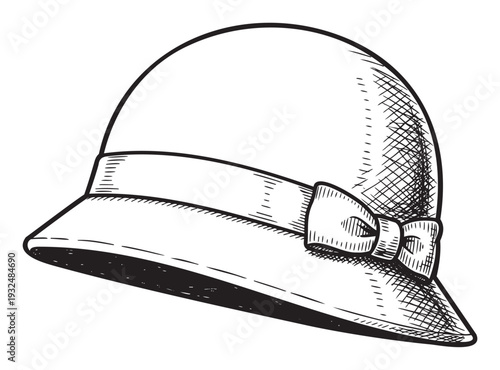 Elegant vintage cloche hat with a decorative bow in an engraving style, perfect for historical costume themes, fashion history content, or classic apparel promotions.