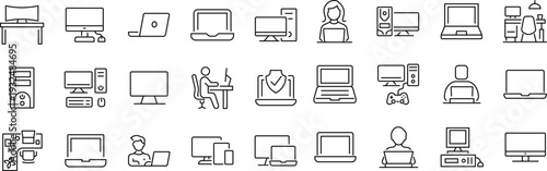 Set of outline icons related to computer. Linear icon collection. Editable stroke. Vector