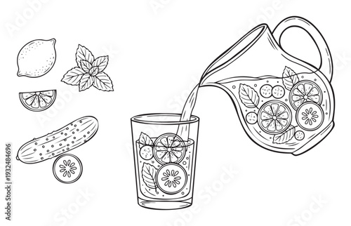 Refreshing detox water with lemon, cucumber, and mint being poured from a pitcher into a glass, perfect for illustrating healthy drink recipes and wellness content.