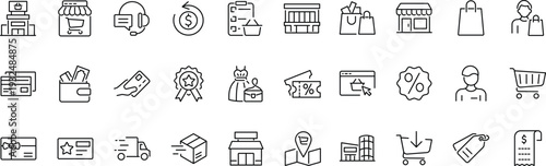 Set of outline icons related to shopping. Linear icon collection. Editable stroke. Vector