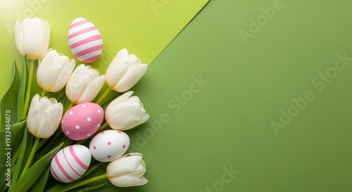 White tulips and decorated easter eggs on green background