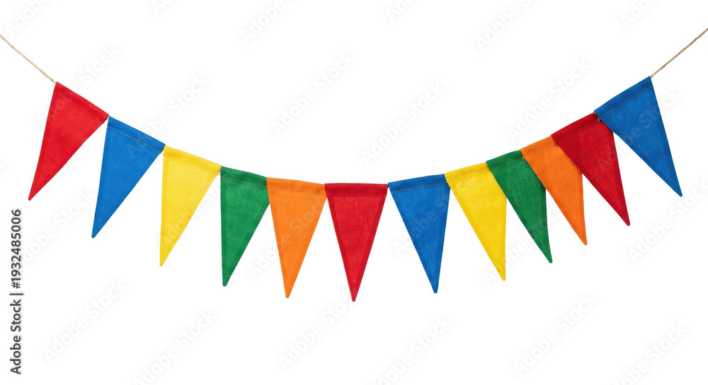 Obraz premium Colorful multi-colored triangle bunting garland on transparent background