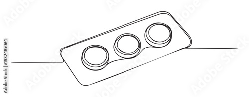 Sleek single line graphic depicting a three cavity rectangular tray or pill packaging, ideal for illustrating pharmaceutical concepts, cosmetic samples, or medical supply designs.