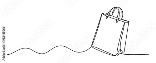 A flowing continuous line drawing creates a minimalist shopping bag symbolizing retail, consumerism, and online commerce perfect for ecommerce promotions and discount event advertisements.