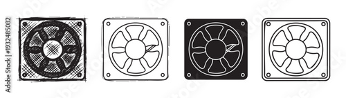 Computer cooling fan icon set in different graphic styles for technology hardware schematics, electronics repair guides, and ventilation system diagrams