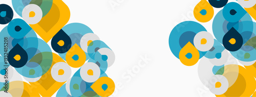 Abstract circles overlap, creating vibrant patterns. Yellows, blues dominate white background. Modern design element.