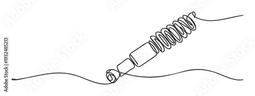 Continuous line drawing of a shock absorber with a coiled spring, symbolizing automotive suspension and vehicle mechanics, ideal for engineering education materials or repair service