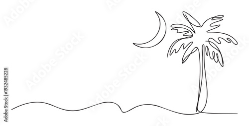 Simple one line sketch depicting a tranquil beach night scene with a tall palm tree and moon, ideal for resorts, travel agencies, and peaceful getaway graphic needs.