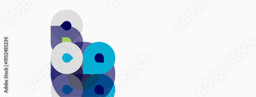 Abstract shapes, circles, overlapping forms. Blue, gray hues dominate white background. Minimalist design, modern aesthetic.