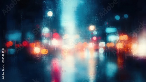blurred neon city street at night with wet reflective pavement, colorful bokeh lights and vertical light streaks, moody dreamy melancholic atmosphere