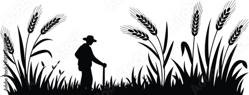 Wheat field farmer silhouette landscape, agriculture harvest crop rural farm flat vector illustration isolated design