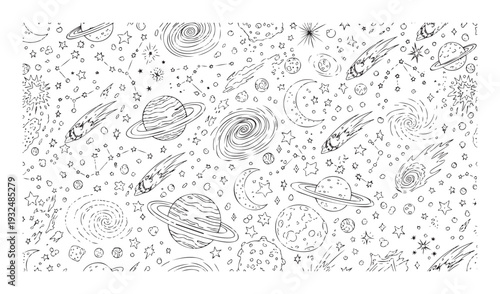 Engaging space themed doodle depicting planets moons stars constellations galaxies and comets suitable for childrens books educational resources or textile surface printing