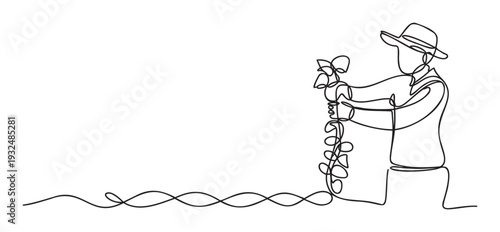 Elegant continuous line drawing showing a person wearing a hat caring for a plant, perfect for illustrating horticultural concepts, agricultural businesses, or sustainable living projects.