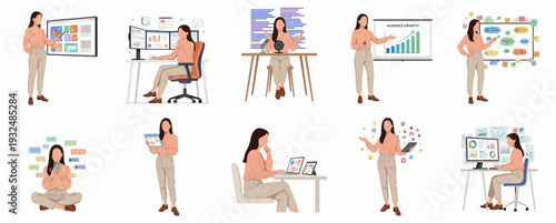 Diverse Business People Illustration Set at Meetings and Presentations in Office