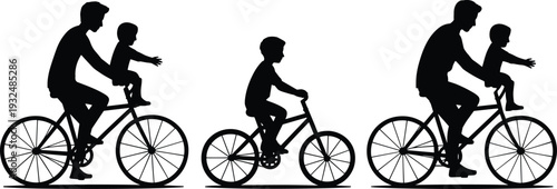 Father and son cycling silhouette set, family riding bicycles isolated on white background, black parent child vector illustration