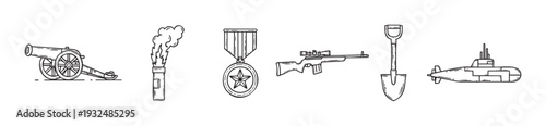 Collection of military and warfare equipment featuring a historical cannon, smoking signal flare, honorable service medal, precision sniper rifle, field shovel, and a stealth submarine for