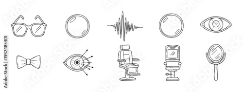 Collection of optical and personal care graphics featuring eyeglasses, various mirrors, human eyes, barber chairs, and a bow tie for professional vision and grooming related projects