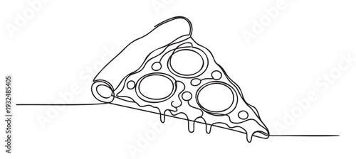 Minimalist one line drawing of a cheesy pizza slice with melting pepperoni toppings for restaurant branding food delivery apps and culinary blogs
