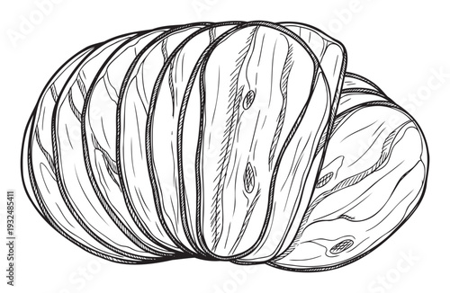 Detailed handdrawn line art of various sliced edible fungi featuring natural organic textures perfect for cookbooks food blogs restaurant menus and healthy eating promotions