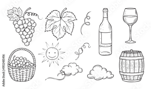 Explore essential vineyard and wine elements such as ripe grapes, green leaves, a classic bottle, an elegant glass, and a rustic barrel, ideal for beverage marketing or agricultural themes.