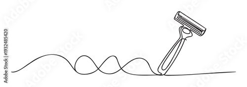 Single continuous line drawing of a modern safety razor creating a long wavy path, symbolizing smooth grooming and effortless hair removal for various health and beauty product promotions.