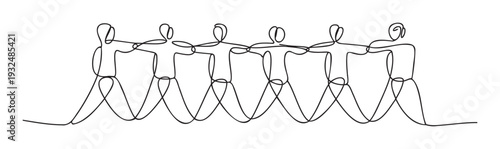 Continuous line art depicting six abstract human figures linked together illustrating strong teamwork and unity ideal for corporate branding and community projects