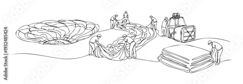 Hot air balloon crew members diligently fold and pack the large fabric envelope and associated equipment on the ground, illustrating postflight operations and meticulous teamwork for