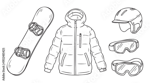 A collection of essential winter sports equipment including a snowboard, a warm puffer jacket, a protective helmet, and multiple pairs of goggles, ideal for winter sports enthusiasts and