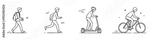 Diverse personal mobility icons featuring a person walking, running, riding an electric scooter, and bicycling, excellent for illustrating active lifestyle, sustainable transport, and daily